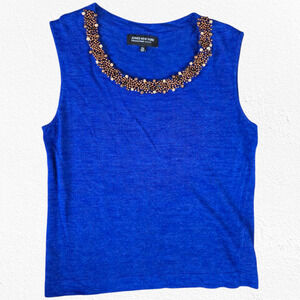 Y2K Jones New York Beaded Neck Blue Linen Blend Sleeveless Top Medium Petite